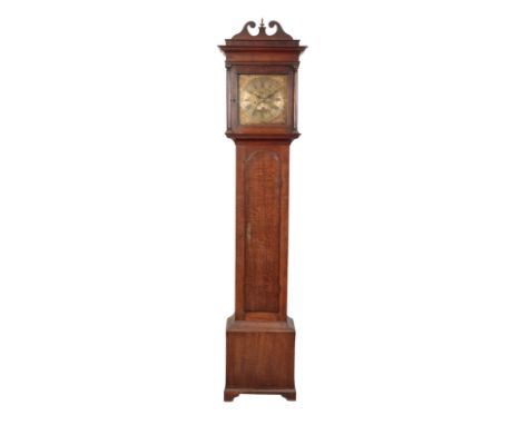 A GEORGE III OAK LONGCASE CLOCK with a square brass dial and cast corner spandrels, the face with roman numerals, a subsidiar