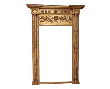 A REGENCY GILTWOOD AND COMPOSITION OVERMANTEL MIRROR, circa 1830, a central mask with a crown flanked either side by scrollin