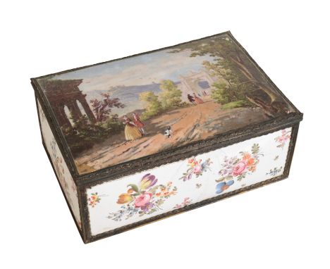 A CONTINENTAL RECTANGULAR ENAMEL CASKET AND COVER 18th/19th century, painted with figures in a classical landscape, the sides