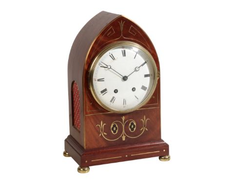 A REGENCY STYLE MAHOGANY BRACKET CLOCK the 16cm round dial with Roman numerals and outer Arabic second numerals, the eight-da