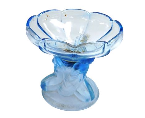 An Art Deco frosted and clear blue glass bowl, of lobed form, raised on a stem moulded with the Three Graces, 23cm wide. 