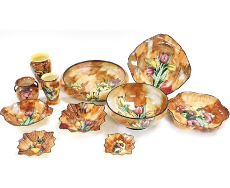 A group of H&amp;K Tunstall Viola pattern pottery, to include various bowls, vases, 14cm and 11cm high, dishes, etc.  (1 tray