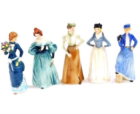 Five Goebel porcelain figures, to include On The Fairway 1894, Demure Elegance 1835, Gentle Breezes 1887 and Impatience 1800.