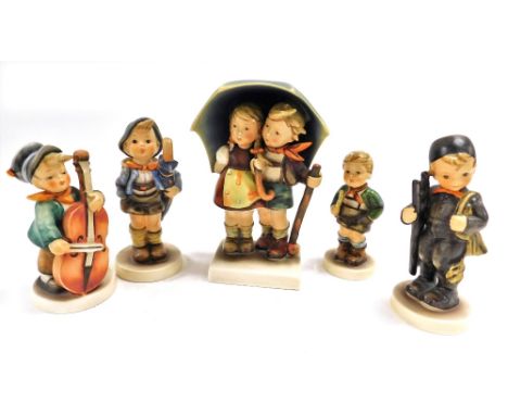 Five Hummel figures, comprising Stormy Weather, Sweet Music, Home From Market, Trumpet Boy, and Chimney Sweep.  