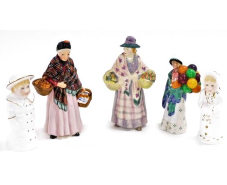 Two Royal Worcester porcelain candle snuffers, boy with boater and girl with muff, each 10cm high, and three Royal Doulton mi