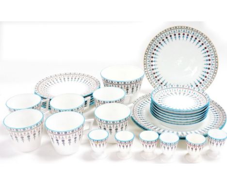 A Royal Crown Derby part breakfast service, with blue borders and flowers in the Drop pattern, circa 1880, comprising six cup