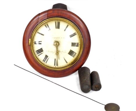 A Victorian mahogany cased wall clock by Hummel and Company, Bishops Stortford, circular dial bearing Roman numerals, two tra