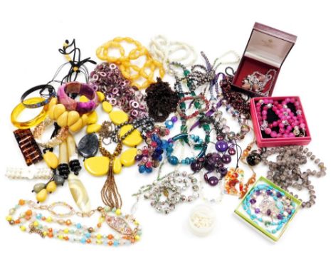 Costume jewellery, including crystals and beads, enamel bead necklace, plastic jewellery and simulated pearls. (a quantity)