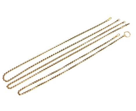 Three 9ct gold belcher link neck chains, on bolt ring or lobster claw clasps, 38.0g. 