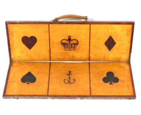 A late 19thC crown and anchor wooden and inlaid folding board, showing the four playing card suits, 63cm wide. 