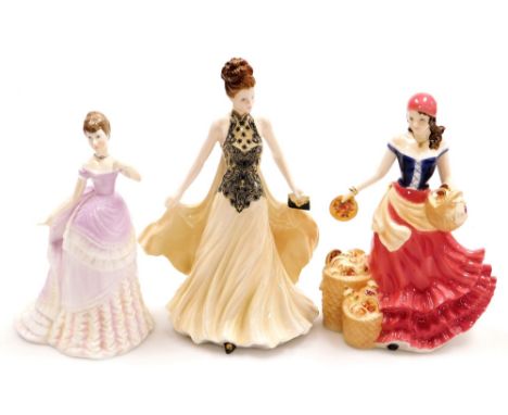Three Royal Worcester porcelain figures, comprising Royal Worcester Fruit Seller At Appleby Fair, 22cm high, Emily, 20cm high