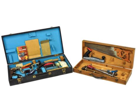A carpenter's tool chest, containing a record number 123 drill, Stanley number 3 plane, number 19 set square and further tool