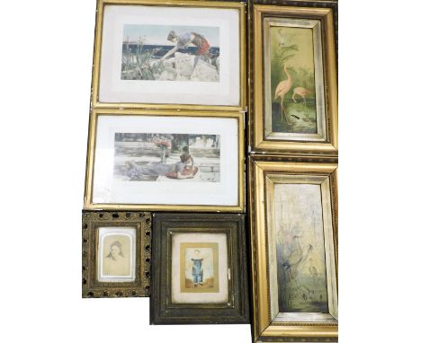 A group of pictures and prints, to include 19thC portrait of a boy in blue, watercolour on paper, 15cm x 10cm, a pair of oil 