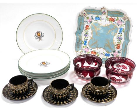 A group of pottery, porcelain and glassware, to include a Limoges dish, decorated with flowers and bands of turquoise with gi