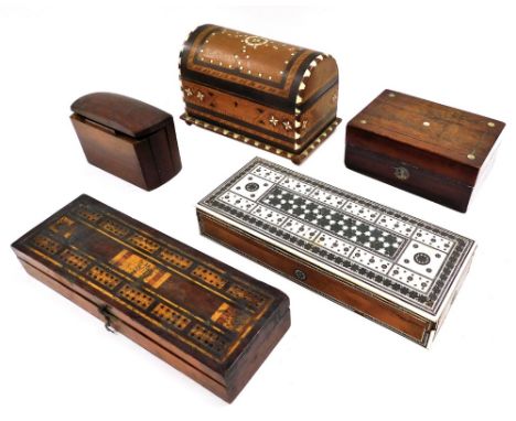 A Victorian rosewood drawing instrument box, inlaid cribbage box, containing two packs of playing cards, early 20thC walnut c