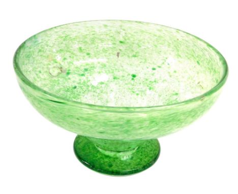 A Monart green jade glass bowl, of ogee form, raised on a conical foot, 26.5cm wide. 