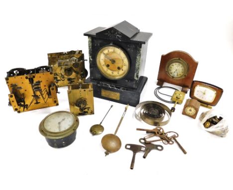 A Victorian slate and marble mantel clock, with brass dial and chapter ring bearing Arabic numerals, Smith's car clock, furth