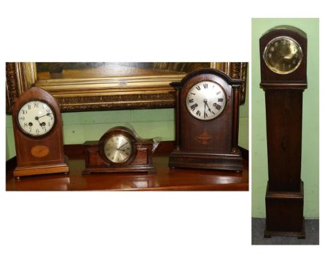 An Art Deco oak veneered chiming small longcase clock; two inlaid striking mantel clocks and a mantel timepiece (a.f.) (4)