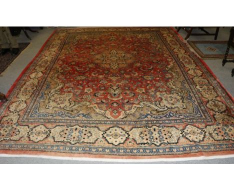Mahal carpet, West Iran, the strawberry field with central medallion framed by spandrels and floral borders, 391cm by 302cm