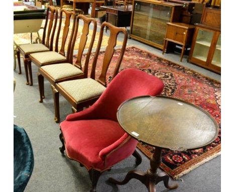 A set of four Queen Anne style dining chairs;a pink velvet upholstered nursing chair; and a Georgian tripod table on pad feet