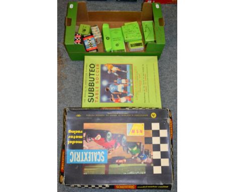 Subbuteo Table Soccer, Continental Cub edition, with various boxed accessories; and a Scalextric racing set with a boxed car 