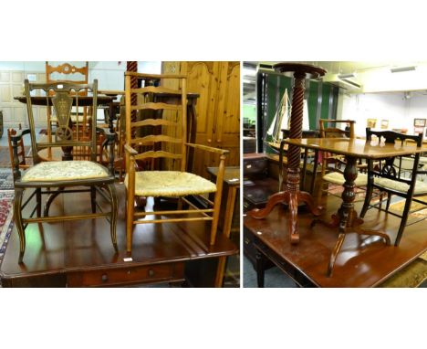 A 19th century mahogany tilt top tripod table, two occasional chairs and a torchere (4)