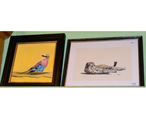 Francesca Sanders (contemporary) Lilac breasted roller perched on a branch, signed, oil on canvas, together with a mixed medi