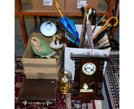 A wall timepiece, an anniversary clock, an angle poise style lamp, three lustre drop ceiling lights, walking sticks etc