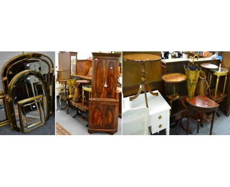 A group of reproduction furniture comprising; a Reprodux mahogany standing corner cupboard, a hanging corner cupboard, two dr