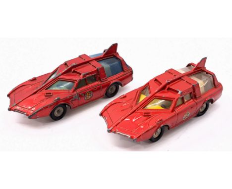 Dinky Toys 103 Captain Scarlet Spectrum Patrol Car pair, chips to paint throughout, both have holes to interior, only one mak