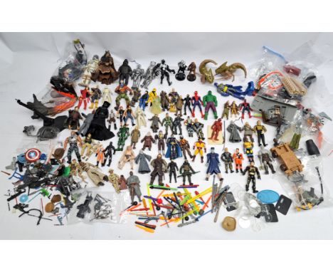 Assortment of TV/Film (Star Wars, Marvel, DC, Lord of the Rings) action figures, with spare parts, accessories in mixed lot. 