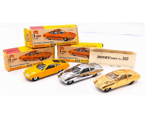 Dinky 352 UFO Ed Straker's Car trio: (1) yellow body, black interior; (2) gold body, brown interior; (3) chrome body, black i