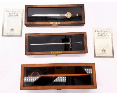 Noble Collection Lord of the Rings replica trio including: (1) Herugrim, Sword of King Theoden (miniature letter opener repro