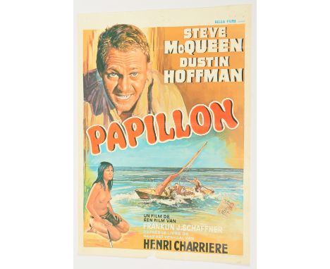Papillon Belgian vintage movie film poster, starring Steve McQueen and Dustin Hoffman, yellowed, folded, pin pricks to edges,