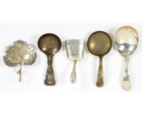 FIVE GEORGE III AND LATER SILVER CADDY SPOONS INCLUDING A NATURALISTIC LEAF EXAMPLE, BIRMINGHAM 1834, 1OZ 10DWTS