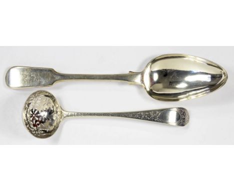 A GEORGE V SILVER SAUCE LADLE, LATER PIERCED AND ENGRAVED AS A SUGAR SIFTER, LONDON 1808 AND A TABLESPOON