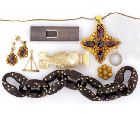 A VICTORIAN PIQUE NECKLACE-SECTION, A CARVED MOTHER OF PEARL DOLPHIN SEAL AND SEVERAL OTHER ARTICLES, INCLUDING A SILVER CIGA