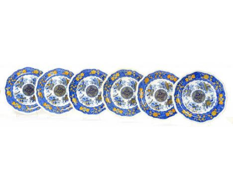 SIX SPODE  TRANSFER PRIINTED PLATES, TROPHY/NANKIN PATTERN, HEIGHTENED IN YELLOW ENAMEL, 26CM DIAM, IMPRESSED AND PRINTED MAR