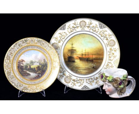 A SAMPSON HANCOCK PLATE PAINTED BY EDWIN TROWELL,WITH  LANDSCAPE IN GILT BORDER,  SIGNED AND INSCRIBED,  RED PRINTED MARK, C1