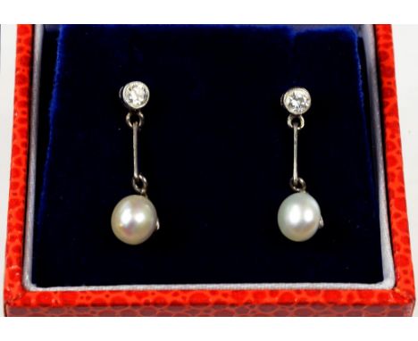 A PAIR OF CULTURED PEARL AND DIAMOND EARRINGS