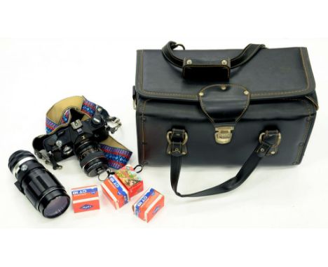 A SIGMA 35MM CAMERA AND SEVERAL LENSES AND ACCESSORIES IN A GADGET BAG
