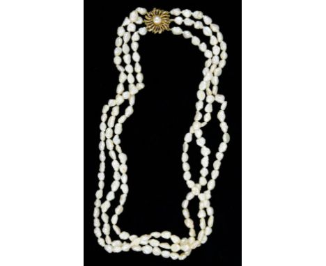 A FRESHWATER PEARL THREE ROW NECKLACE WITH 9CT GOLD CLASP