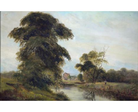 R. ROBERTS - RIVER LANDSCAPE WITH AN ANGLER,SIGNED AND DATED 1918, OIL ON ARTIST'S BOARD, 29CM X 49.5CM