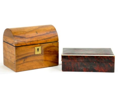 A RED STAINED TURTLE SHELL VENEERED CIGARETTE BOX WITH IVORY STRINGING, 18CM W, CIRCA 1900 AND A VICTORIAN WALNUT TEA CADDY W