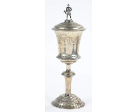 A DANISH SILVER CUP AND COVER WITH THOR FIGURAL FINIAL, 30CM H, CONTROL MARKS, EARLY 20TH CENTURY, 12OZS