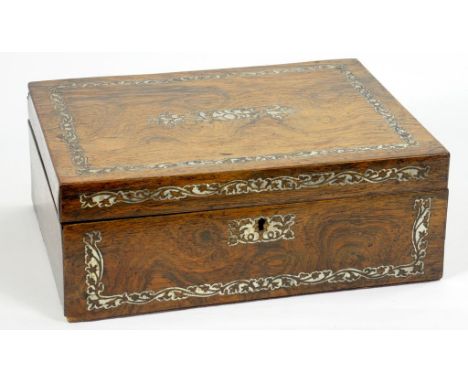 A VICTORIAN ROSEWOOD AND MOTHER OF PEARL INLAID WORKBOX, 30CM W