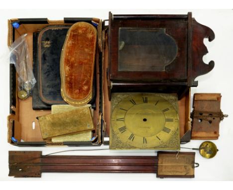 AN 18TH CENTURY BRASS LONGCASE CLOCK DIAL BY W. EDMUNDS MADELEY, 30CM W, A GEORGE III MAHOGANY BAROMETER WALL PLATE WITH ENGR