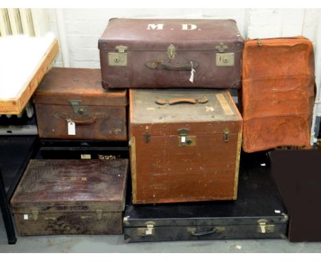 A LATE VICTORIAN CROCODILE HIDE DRESSING CASE, 51CM W, A LEATHER SUITCASE, A CANVAS COVERED TRUNK, DEED BOX, ETC 