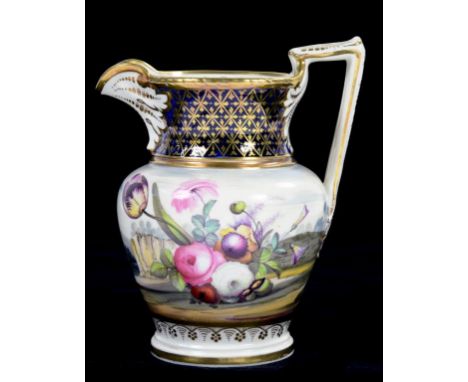 EARLY 19TH CENTURY H&R DANIEL JUG, PAINTED ROSES AND TULIPS BORDERING A LANDSCAPE UNDERNEATH A COBALT AND   GILT RIM, 13CM H