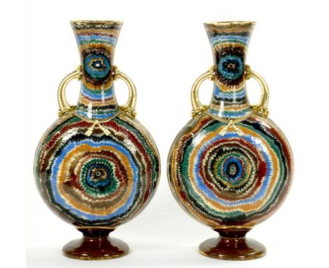 A RARE PAIR OF VASES BY THOMAS FRADLEY, SLIP DECORATED, 37CM H, IMPRESSED MARK, C1875-80